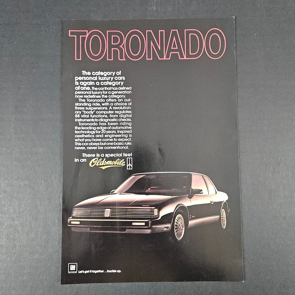 1985 Oldsmobile Toronado Luxury Car Vintage Print Ad GM General Motors Garage